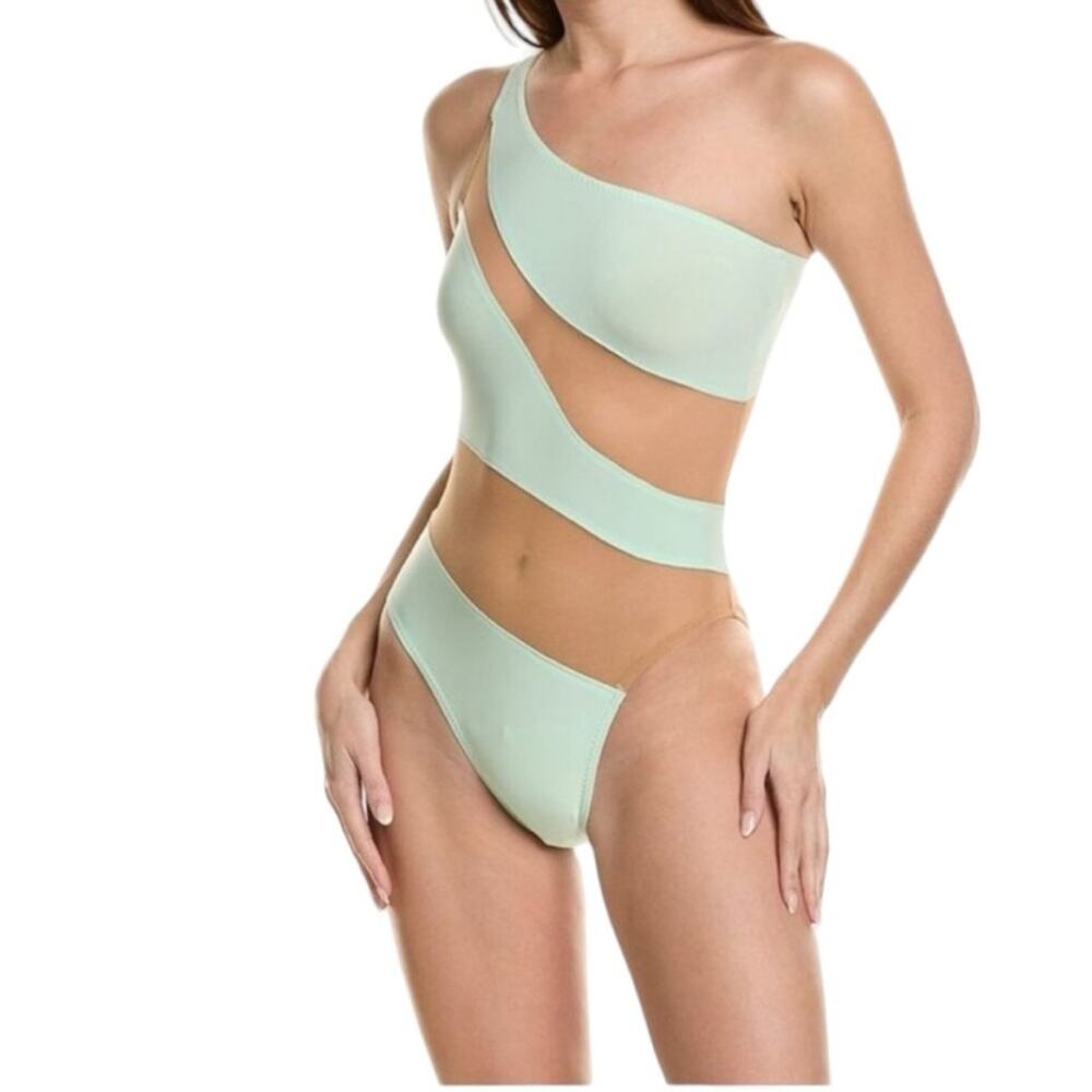 Norma Kamali Mesh One Shoulder One Piece Swimsuit Seafoam Green XL New